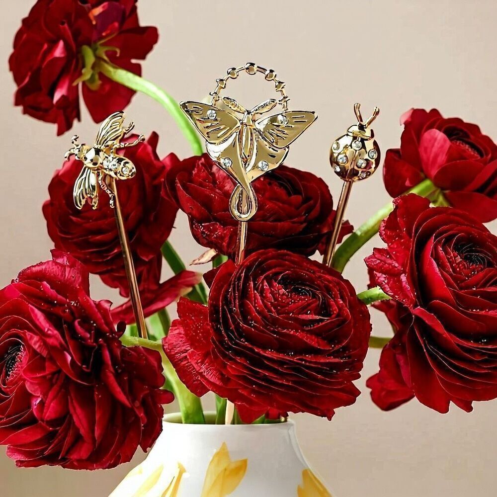 Anthropologie Gold-Toned Metal Bug Bouquet & Pot Picks (Set of 3) Flower Charms